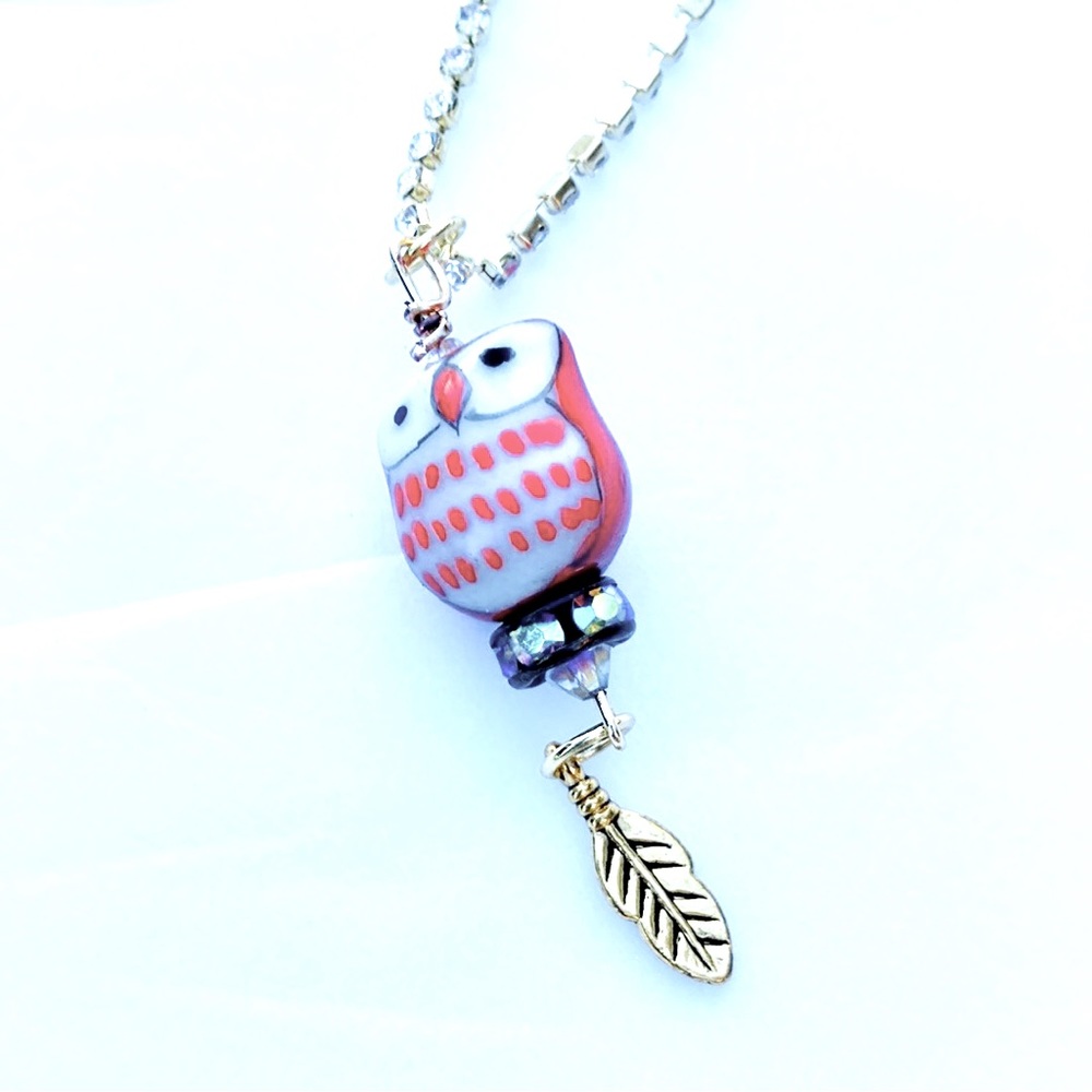 Handmade Red Rhinestone Owl Necklace